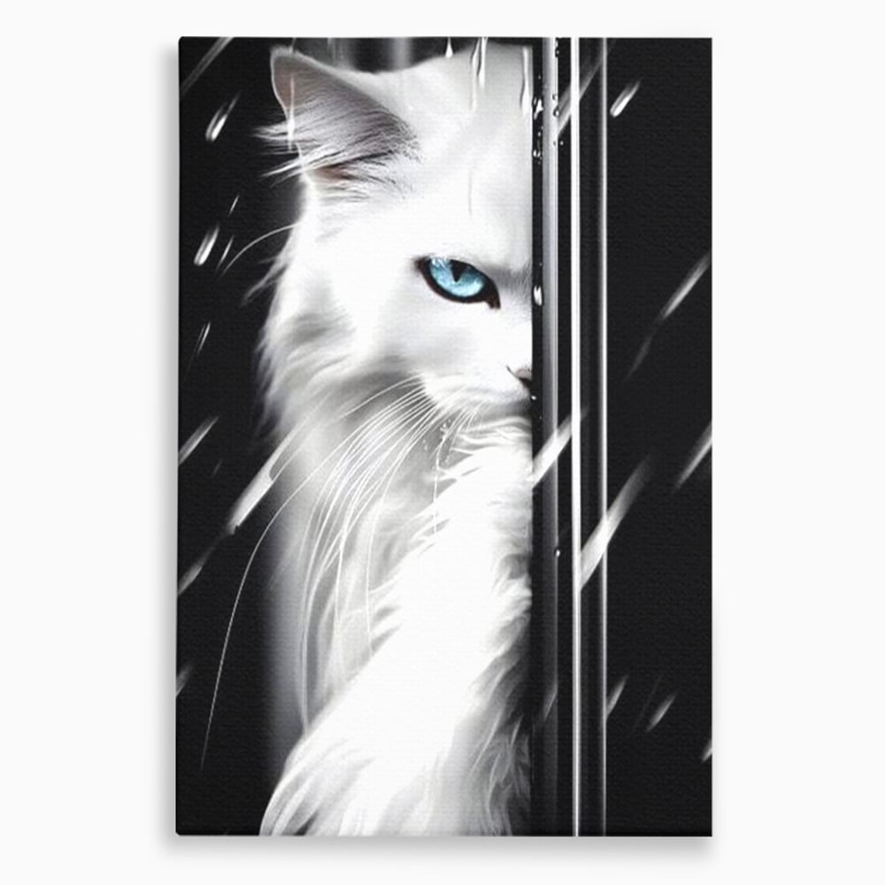 Tablou canvas cu tablou canvas cu pisica alba si ochi albastri, fara rama, pe sasiu de lemn